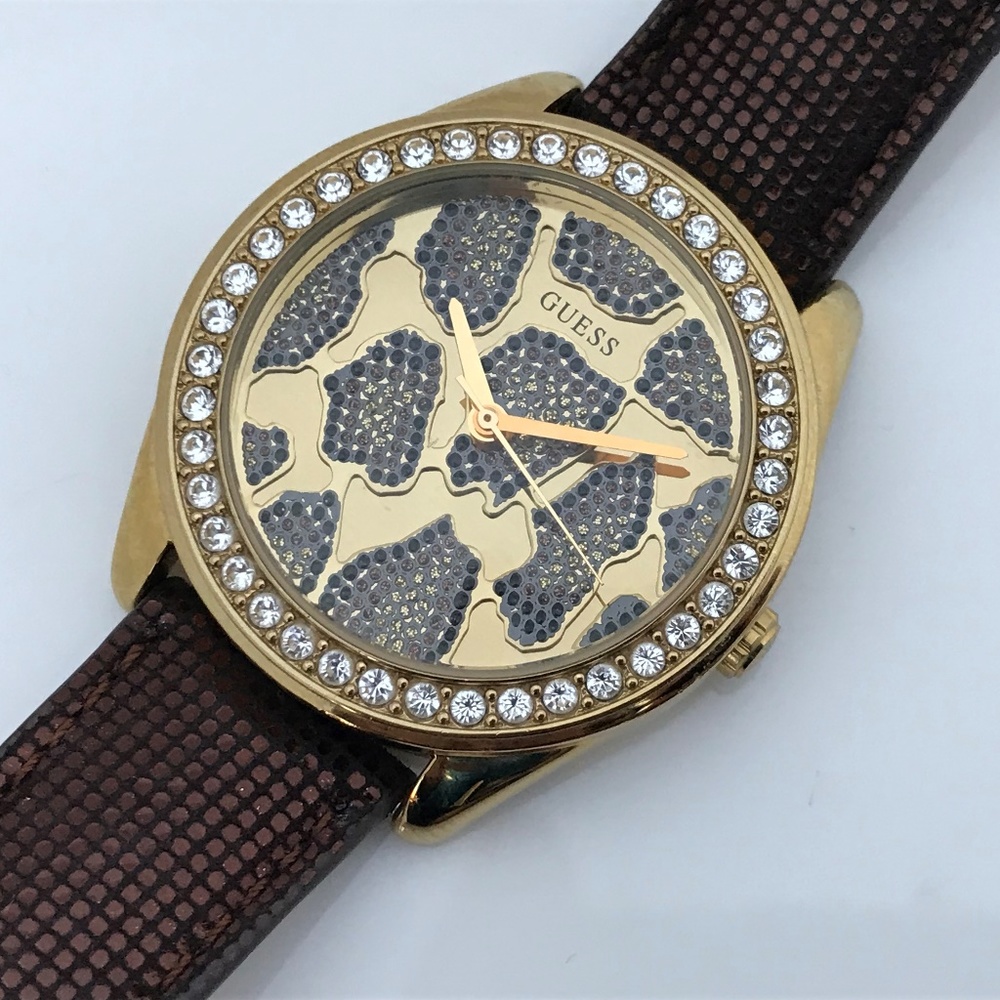 Guess Women Watch Bling Crystal Accents Brown Band - Picture 2 of 8